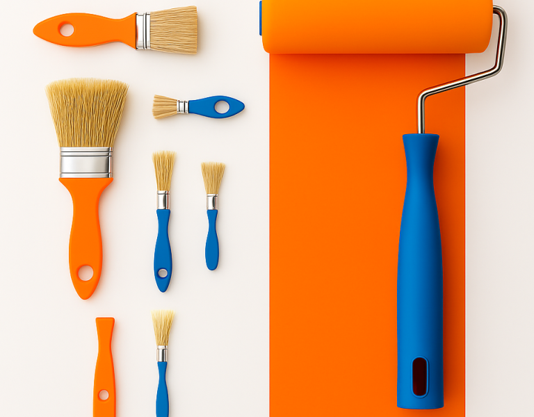 Paint brushes and roller on white and orange surface, ready for Croydon handyman painting services by Pro Home Services