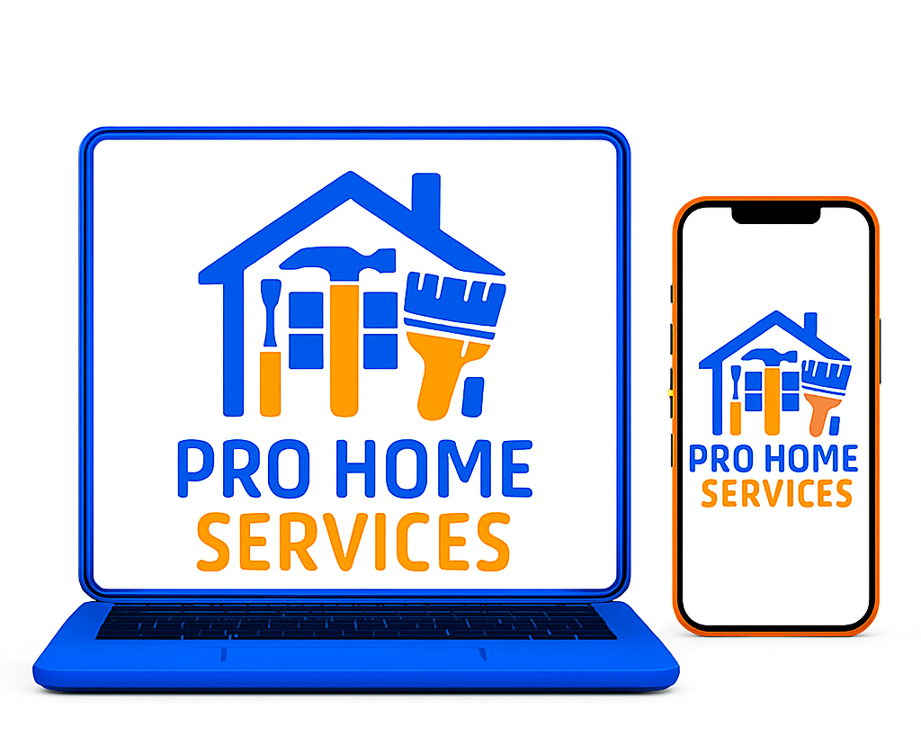 Pro Home Services logo on blue laptop and phone screens, with house and tools icon for handyman in Croydon
