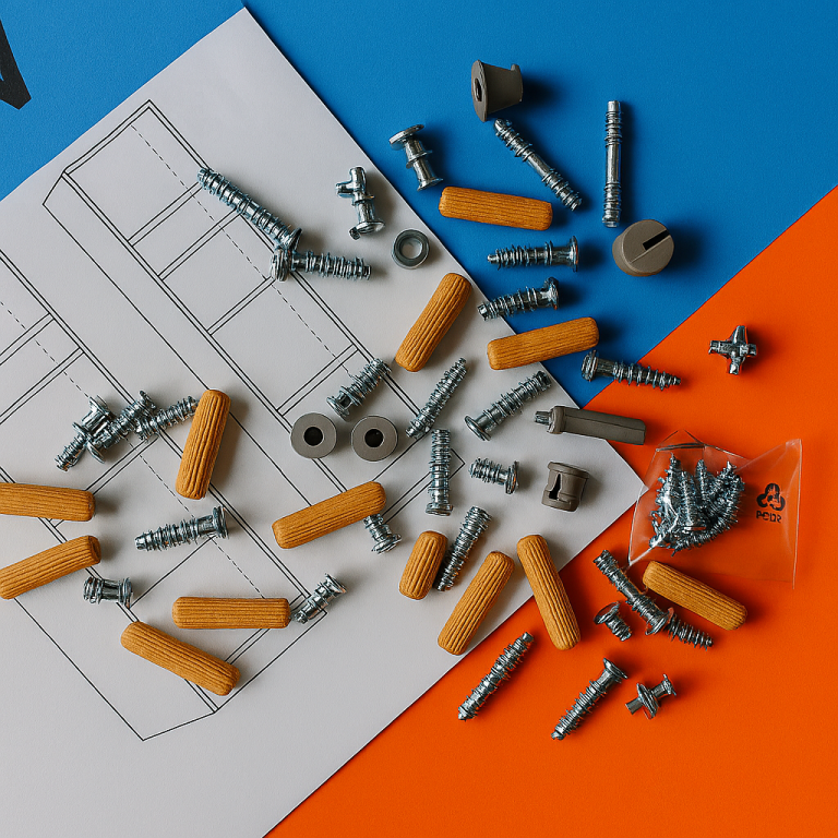 Pro Home Services – Flat‑lay of screws, dowels, and hardware on blue and orange with handyman furniture assembly in Croydon