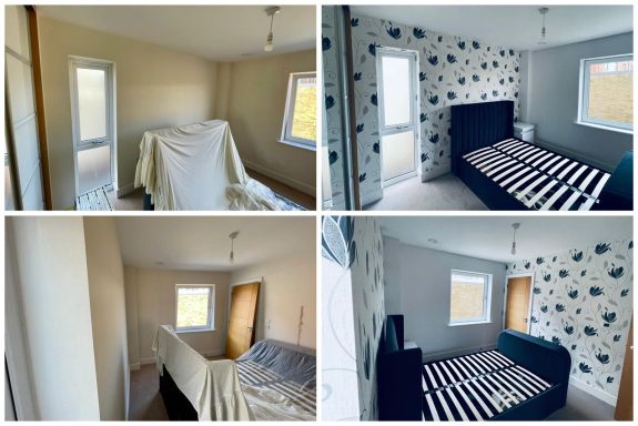 Modern bedroom re-decoration in East Grinstead with newly painted walls and feature wallpaper, before and after comparison