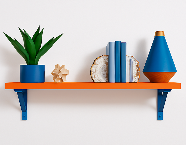 Pro Home Services – Modern wall shelf with pictures and picture frames in orange and blue - handyman services Croydon and surrounding areas