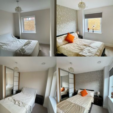 Modern bedroom re-decoration in East Grinstead with newly painted walls and feature wallpaper, before and after comparison