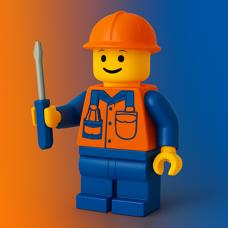 A smiling LEGO handyman figure in an orange hard hat, holding a screwdriver, wearing a blue and orange outfit.