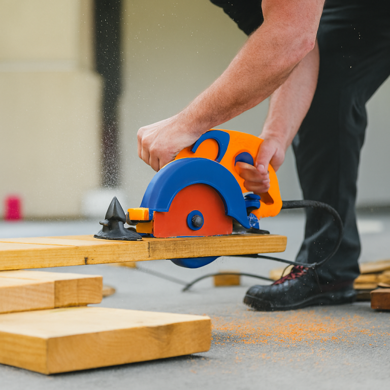 Pro Home Services – Handyman using a blue and orange circular saw to cut wooden planks, showcasing reliable home repairs in Croydon.